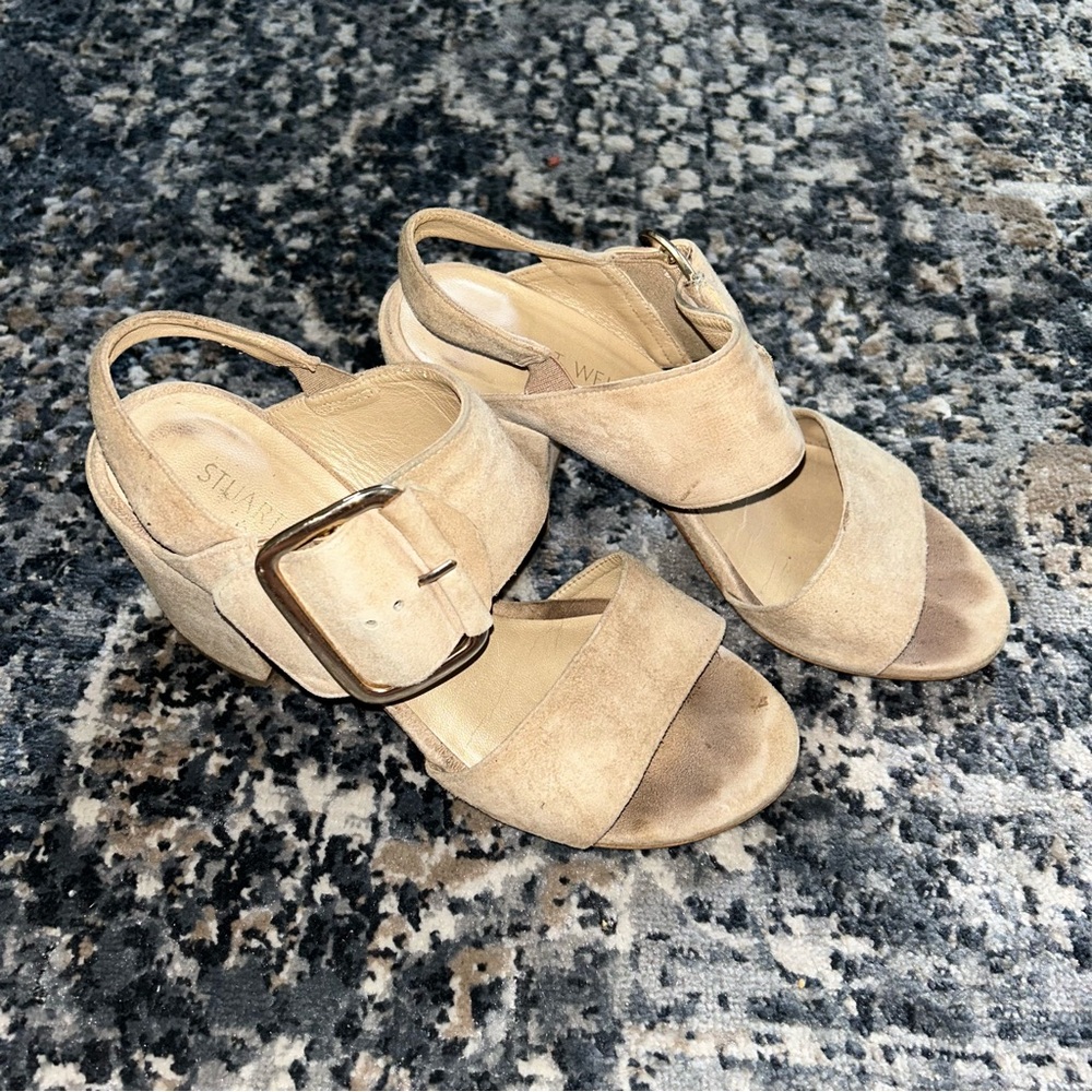 Stuart Weitzman Suede Block Heel Sandals Soho Tan - image 2